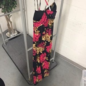 Forever 21 Black with pink and beige flower maxi dress Large